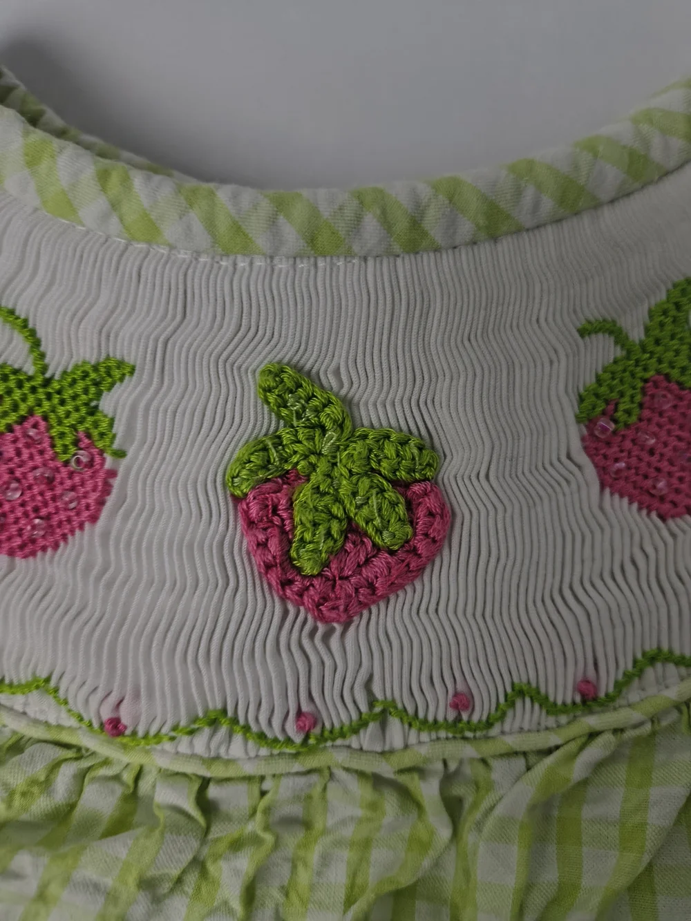 Girls Green Gingham  Dress with Pink Strawberry Embroidery